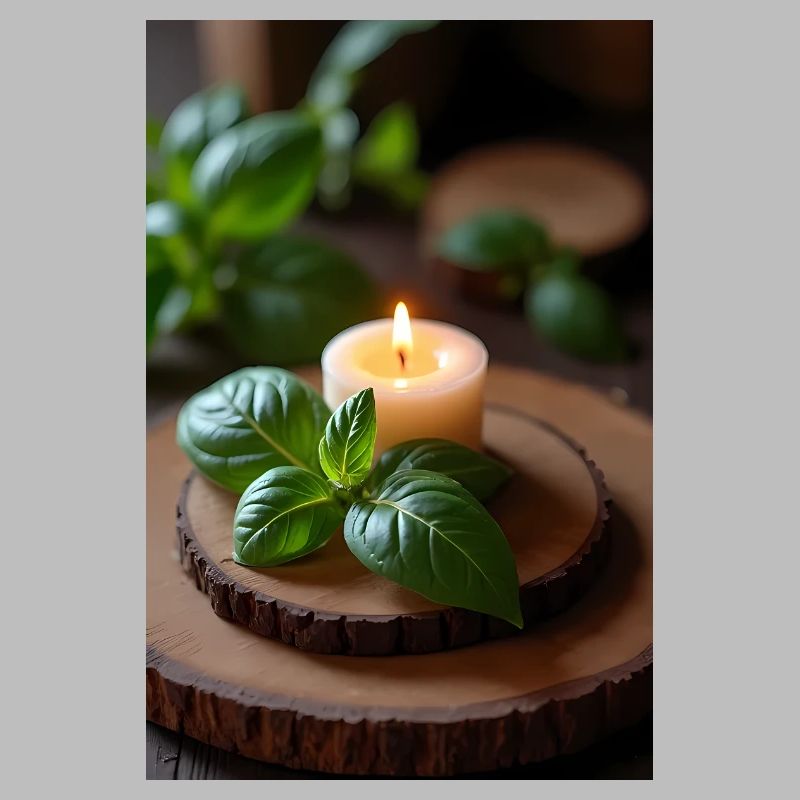 Burning candle with basil on rustic wood