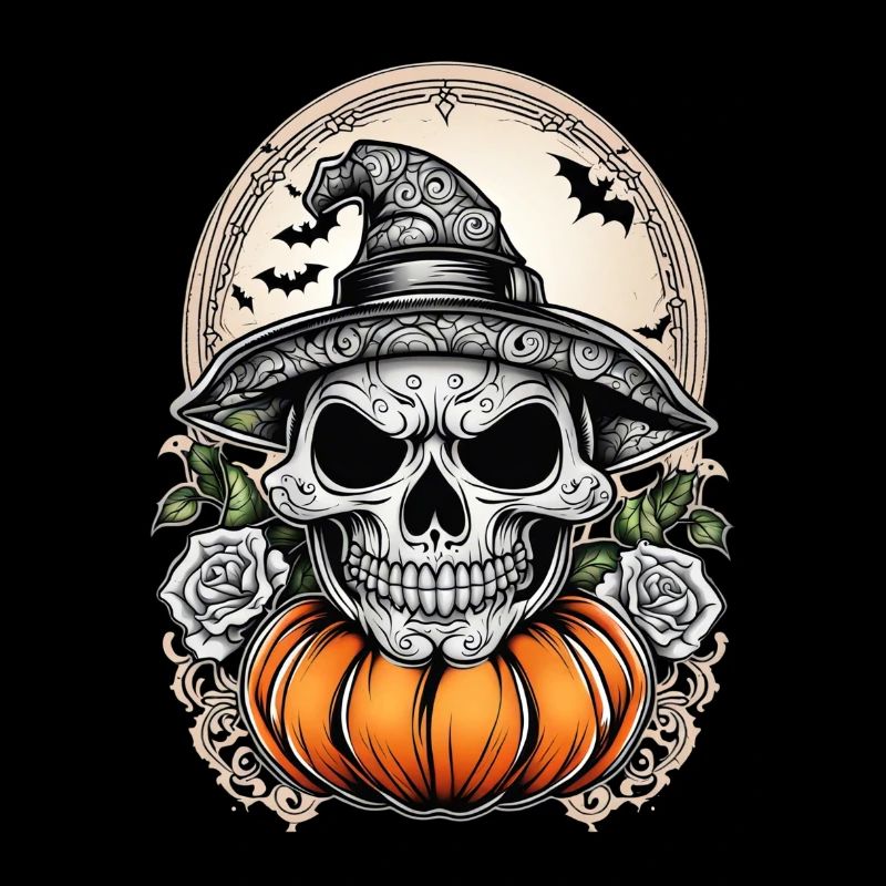 Halloween Witch Head with Pumpkin and Bats