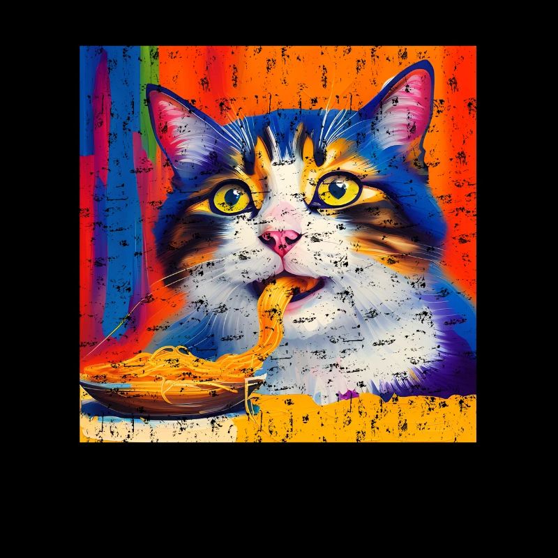 Cat eats spaghetti oil painting
