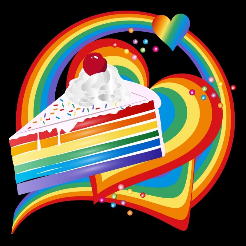 Stück Regenbogen Kuchen mit Sahne und Kirsche