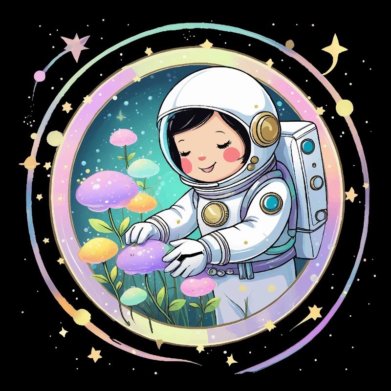 Fille astronaute avec des champignons - Conception spatiale mignonne