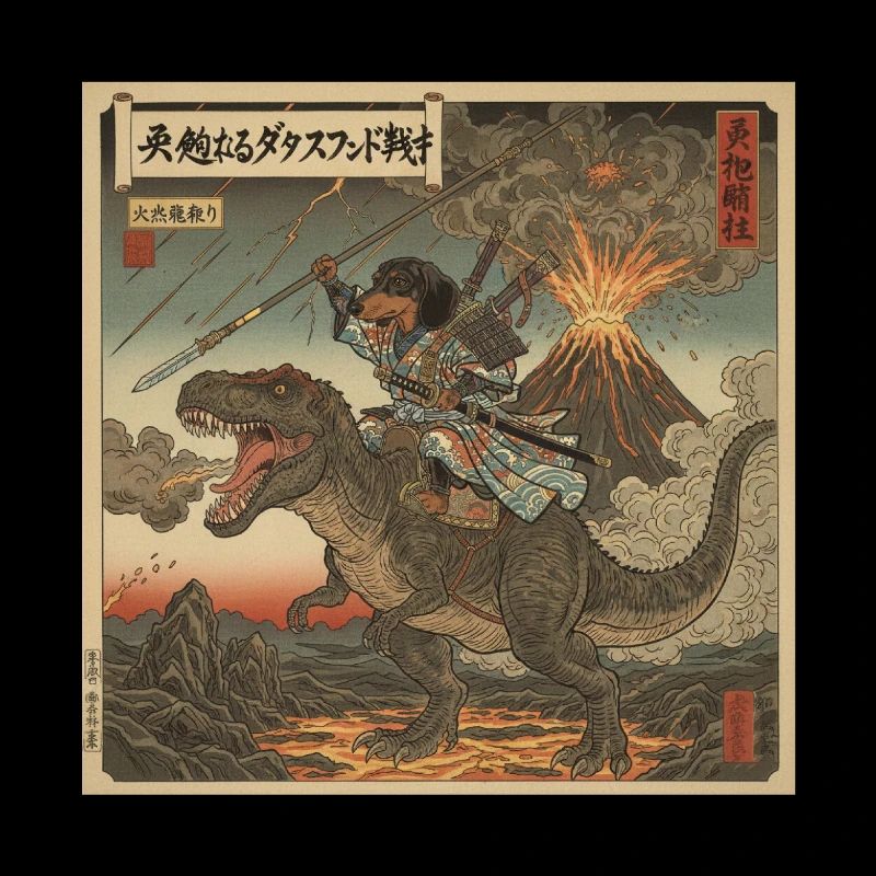 Dackel Samurai-Krieger reitet auf T-Rex Dinosaurier