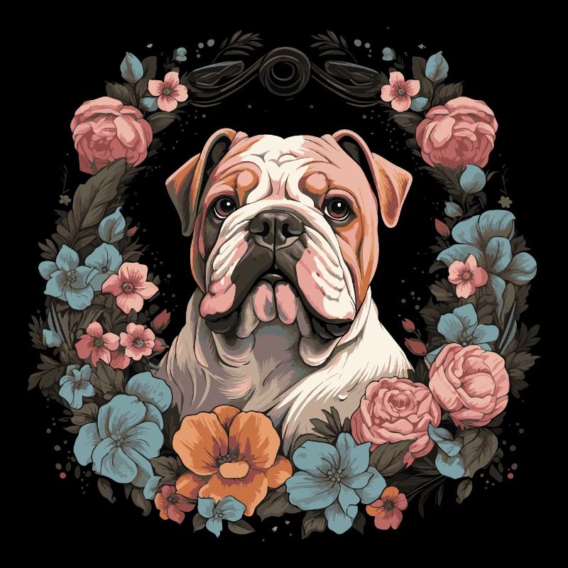 Bouledogue anglais avec des fleurs