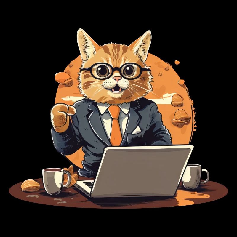 Chat PDG en costume avec ordinateur portable et café