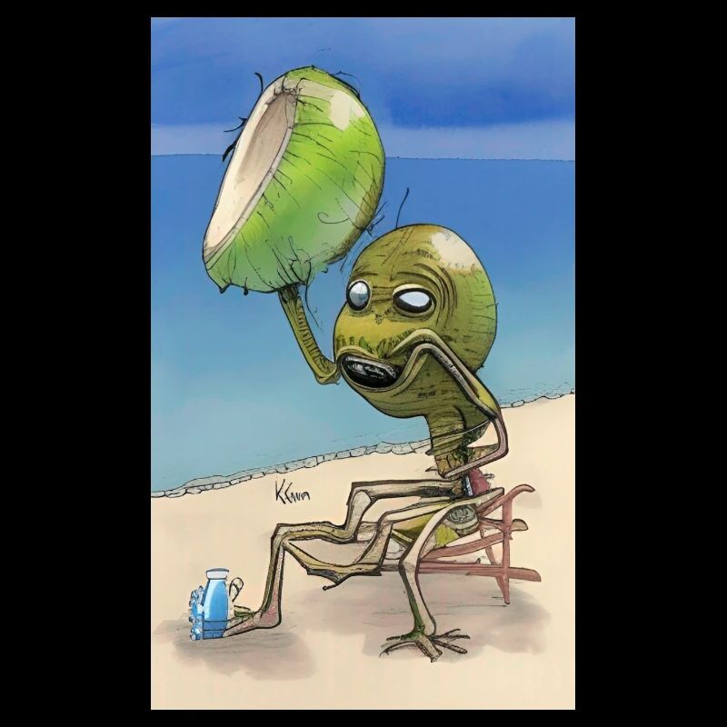 Crazy Comic Alien on a beach with a space coconut