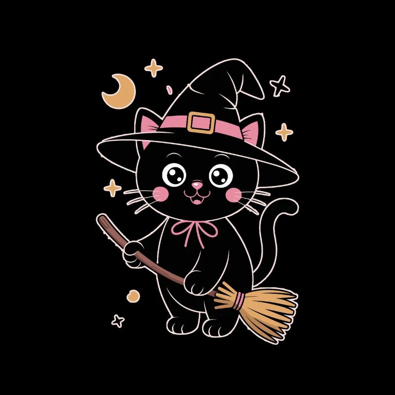 Imprimé chat sorcière mignon avec baguette magique