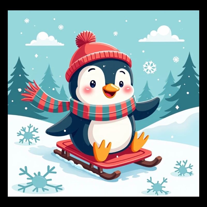 Laughing penguin on the sleigh – winter fun