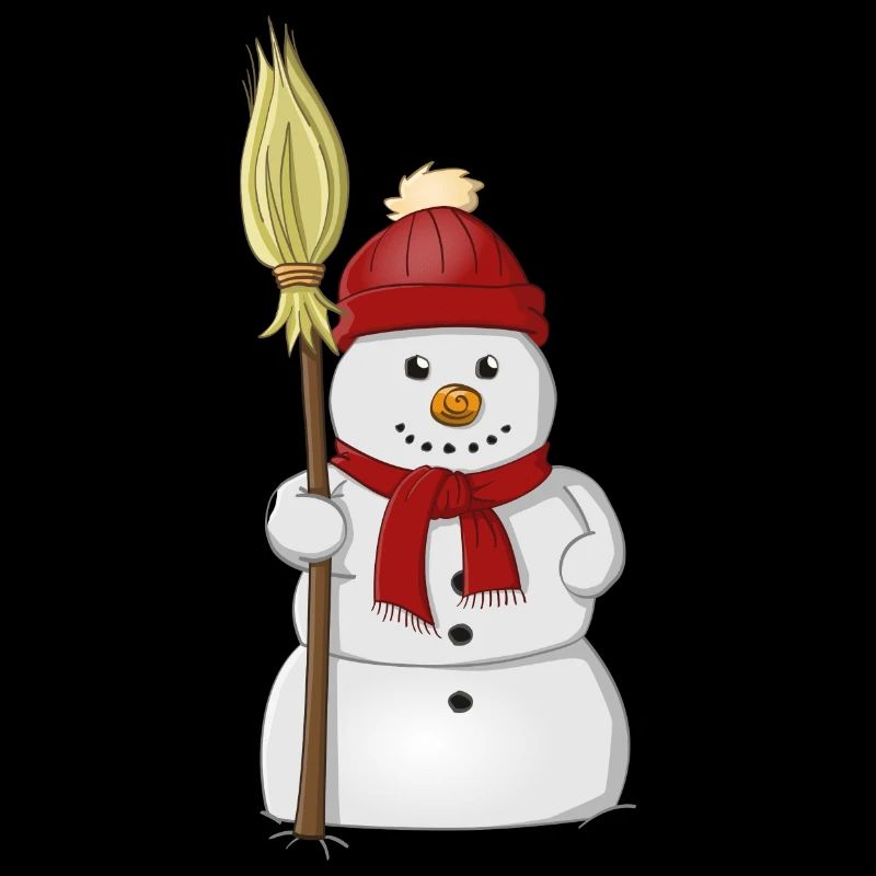 Snowman with broomstick, red hat and scarf