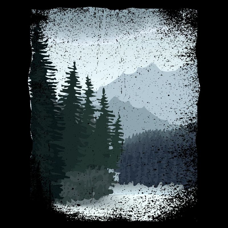 finsterer Wald und Berge mit ausgefranstem Rand