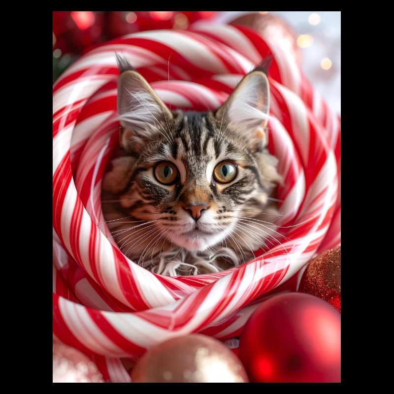 Chat de Noël entre des bâtonnets de bonbons