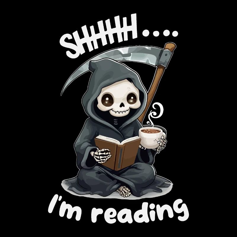 Sensenmann liest ein Buch mit Kaffee