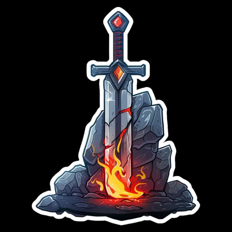 Mächtiges Feuerschwert in einem Stein Fantasy RPG