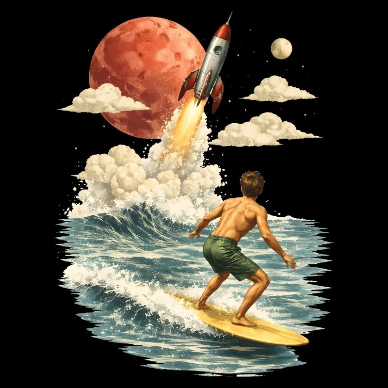 Surreal surf motif with rocket and moon