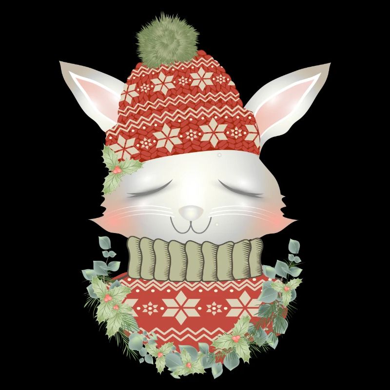 white rabbit with sweater, bobble hat & wreath