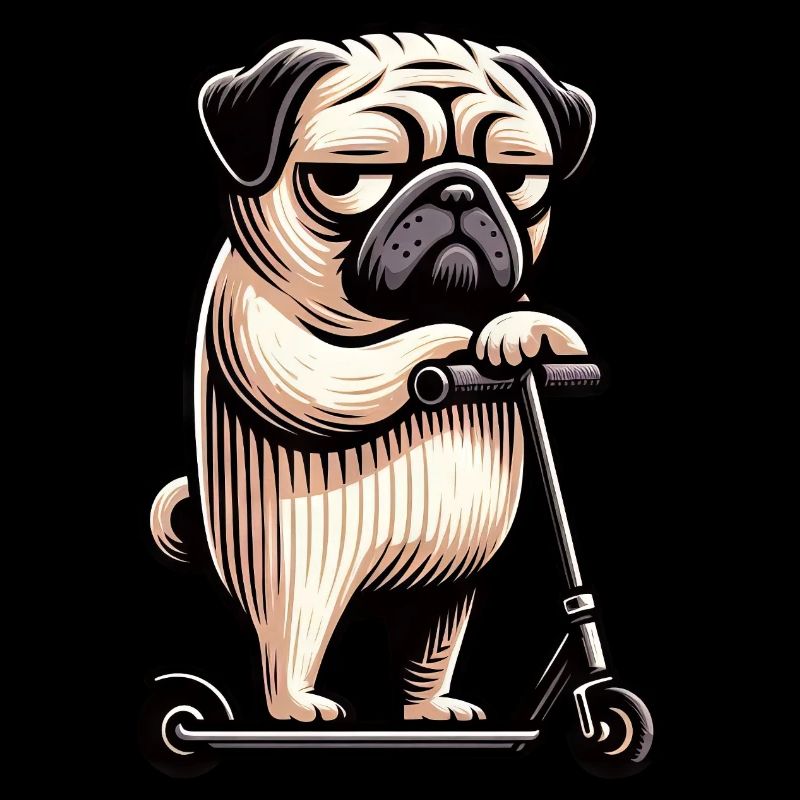 Lustiger Mops auf Roller Scooter Comic
