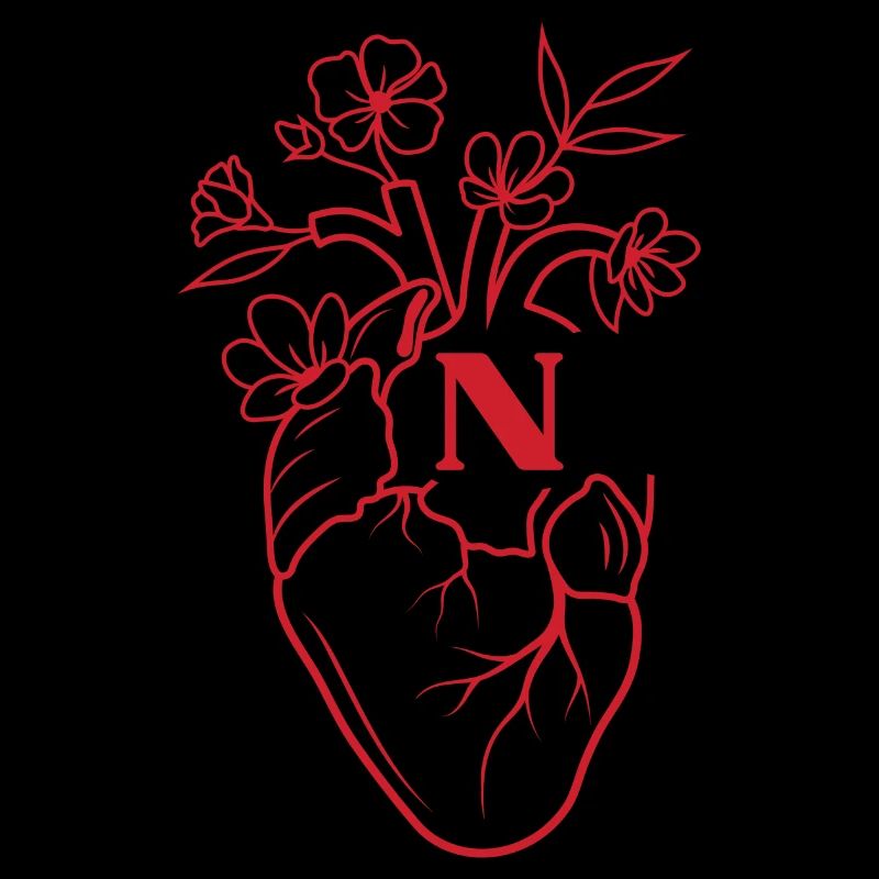 Buchstabe n Herz schwarze florale Anatomie