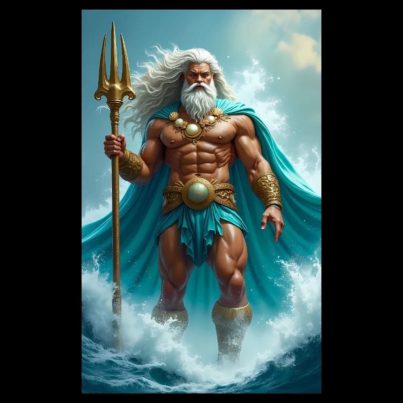 Poseidon, powerful sea god with trident, waves