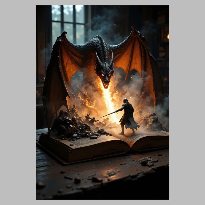 Ein Fantasy-Gemälde, ein Drache aus einem Buch.