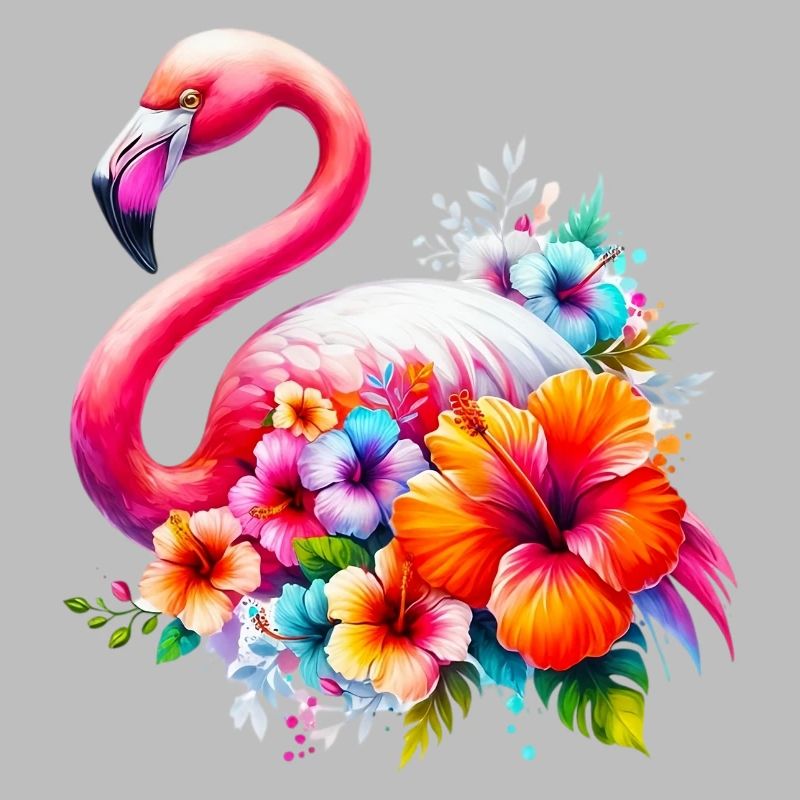 Flamant rose décoré de fleurs d’hibiscus