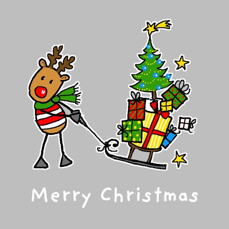 Reindeer pulls tree and gifts on sleigh