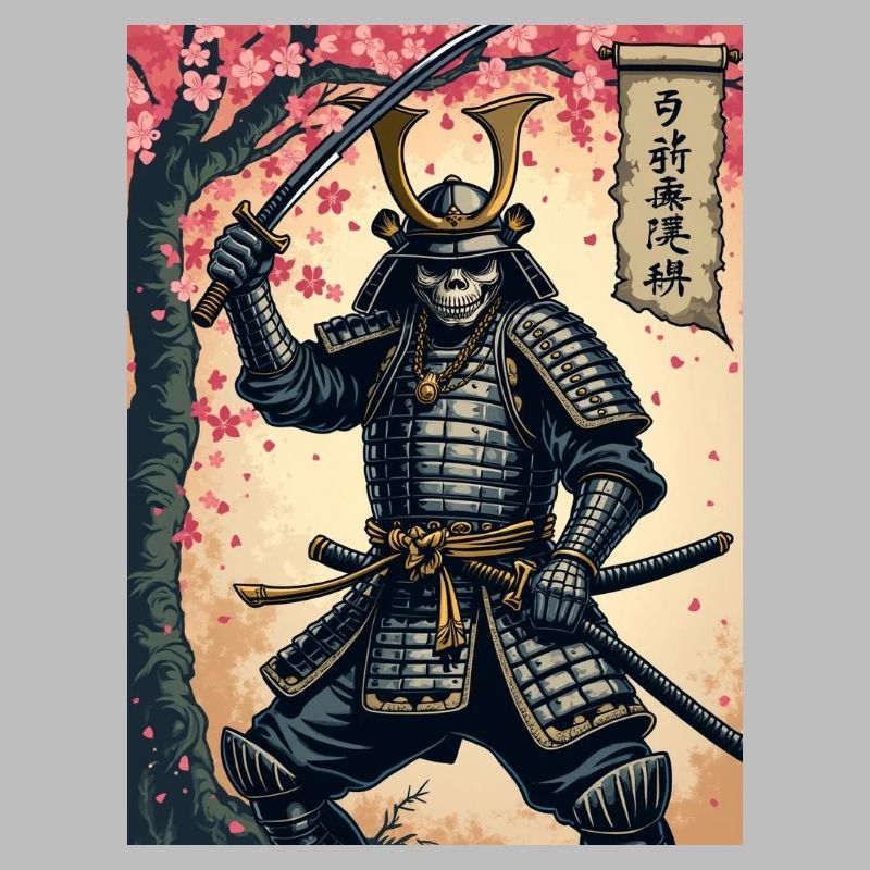 Skelett-Samurai im Kirschblütenwald