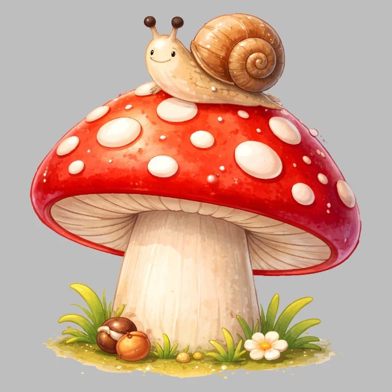 Toadstool with Snail Cute Forest Motif