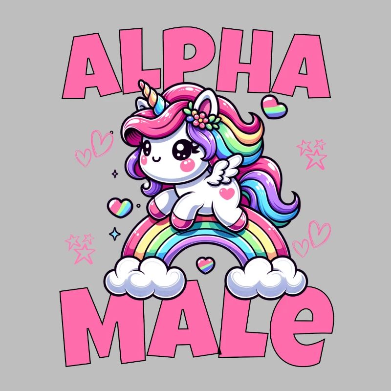 Süßes Alpha Einhorn reitet männlich den Regenbogen