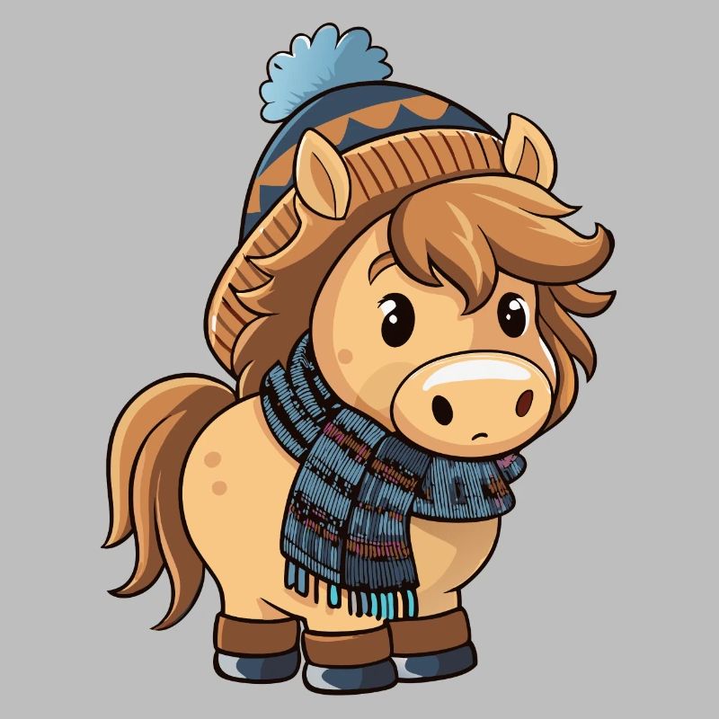Poney mignon avec écharpe et chapeau à pompon.