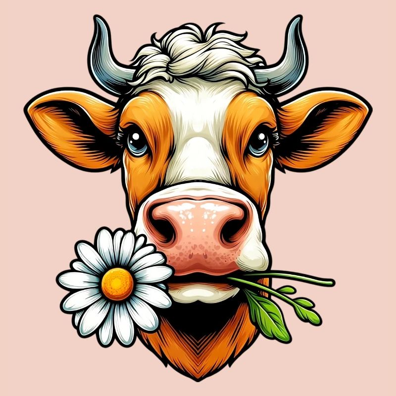 Kuh mit einer Gänseblümchenblume im Maul Blumen