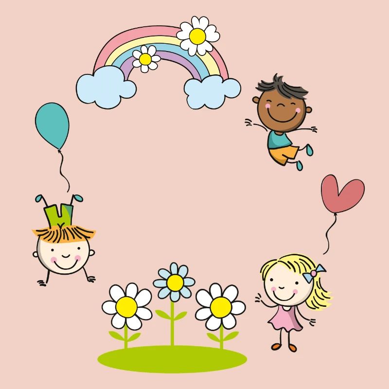 Kinder der Erde mit Regenbogen Blumen Luftballon