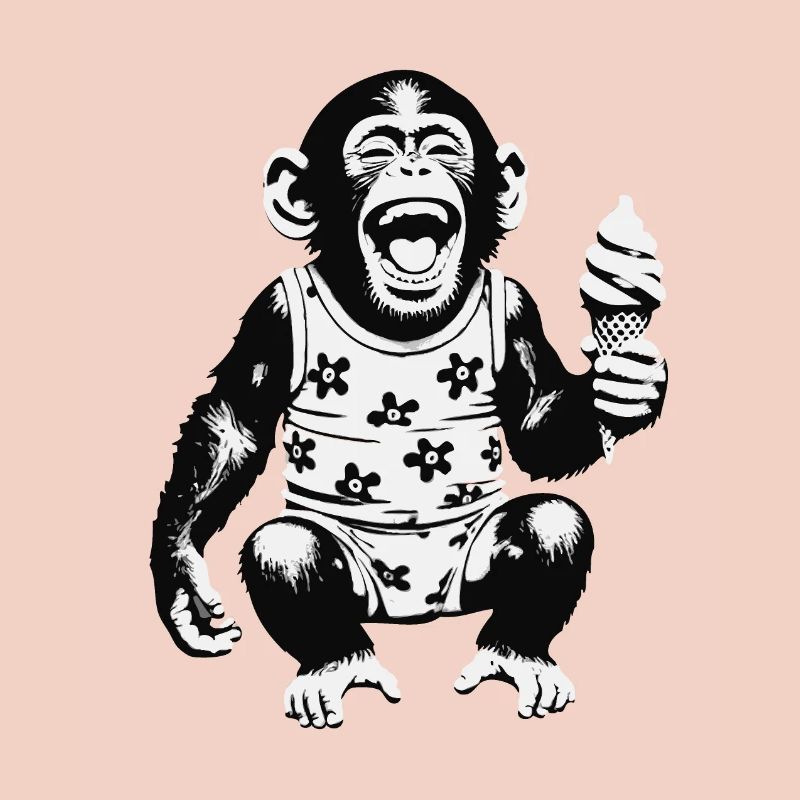 Laughing monkey with ice cream
