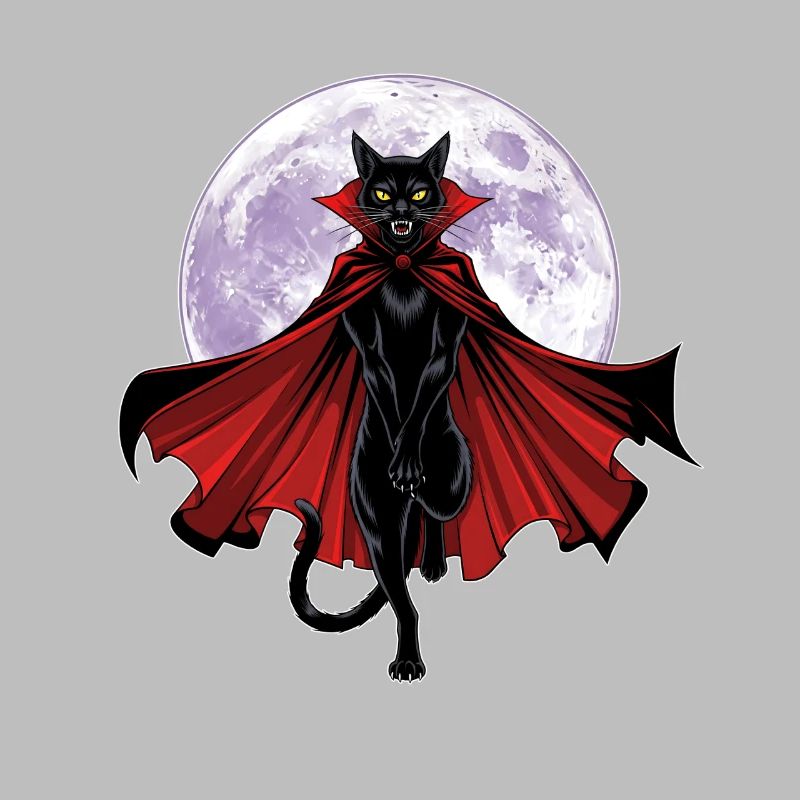Chat vampire graphique avec cape devant une pleine lune