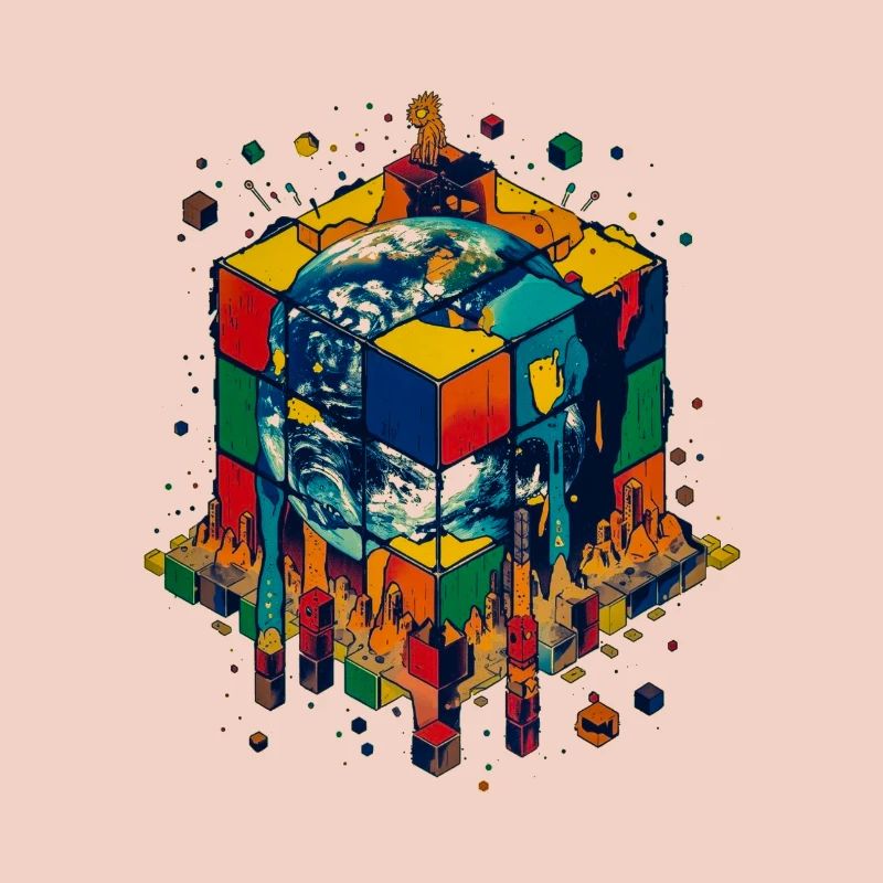 Terre dans le Cube de Blocs de Couleur