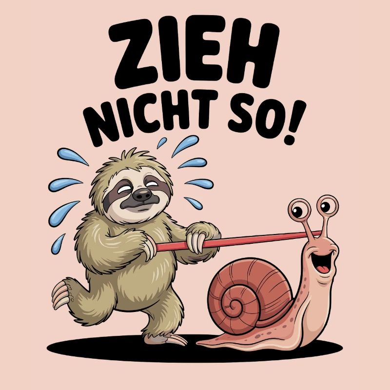 Sloth pulling snail, funny cartoon