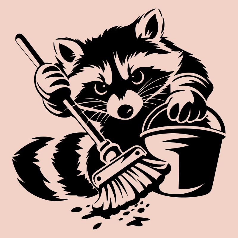 Waschbär mit Eimer & Mopp