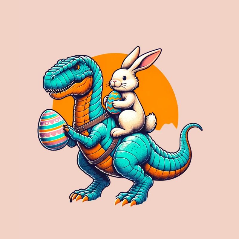 Easter Bunny Riding Dinosaur with Easter Egg