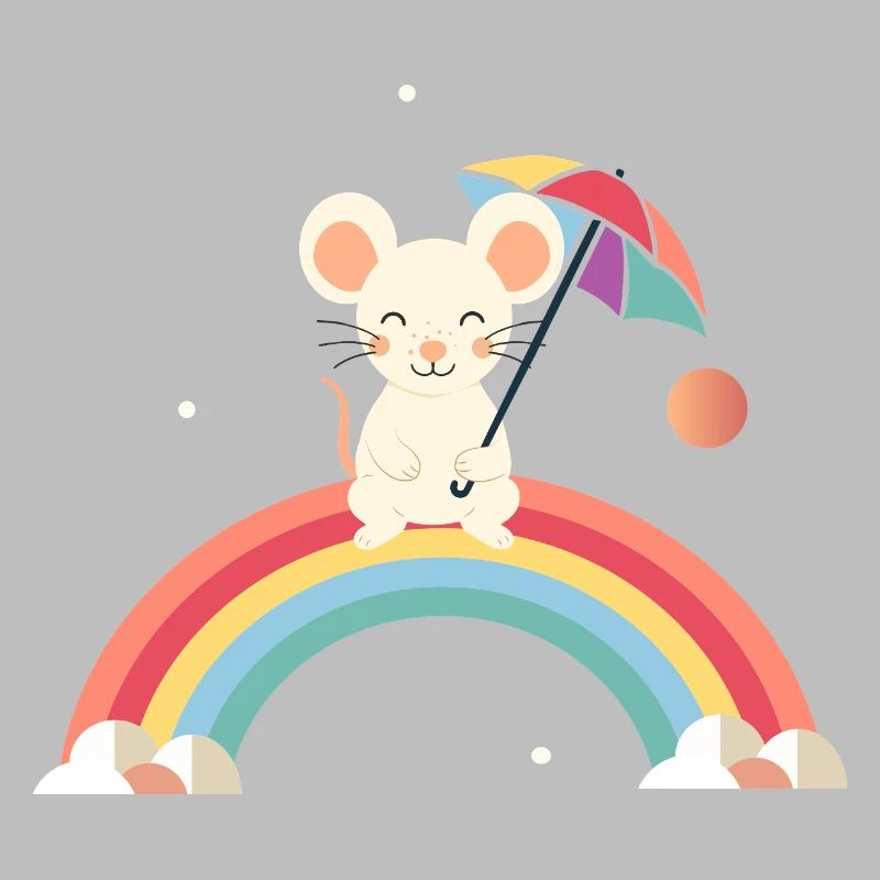 Souris joyeuse avec parapluie sur l’arc-en-ciel