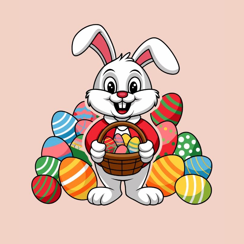 Funny Easter bunny with lots of colorful Easter eggs
