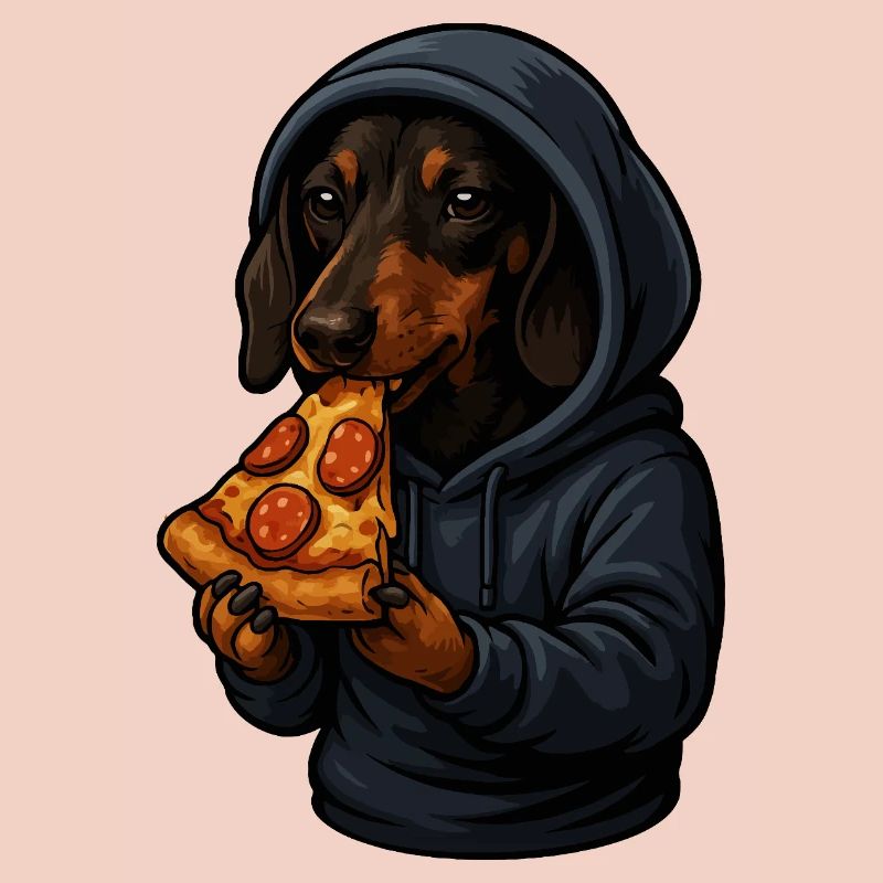 Teckel en sweat à capuche mangeant de la pizza