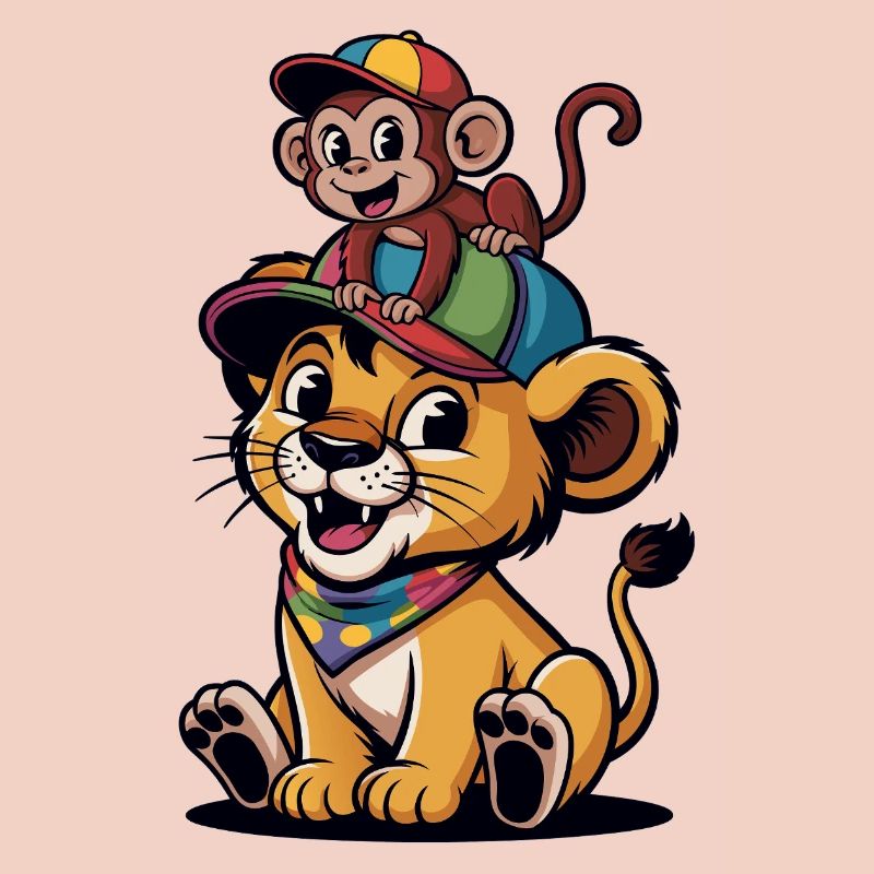 Jungle Duo: Affe auf Löwe mit Hut