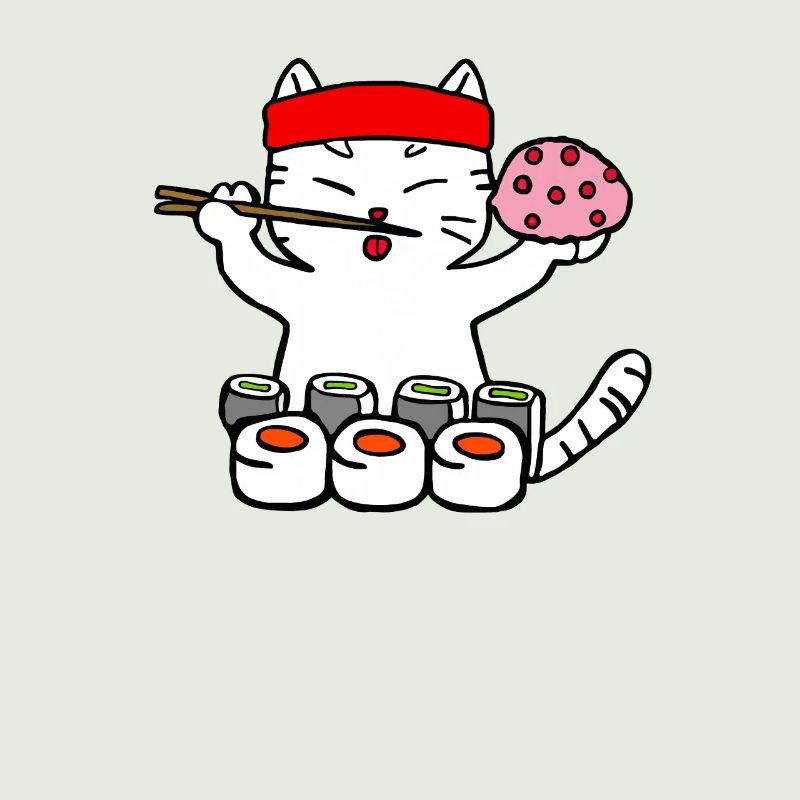 Cat eats sushi with chopsticks