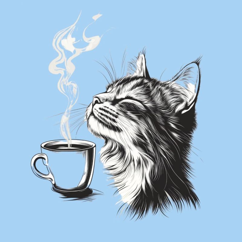 Relaxed Cat with Coffee - Sketch Style