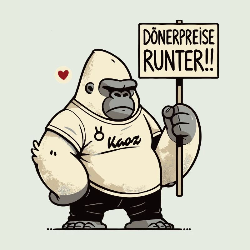 Gorilla Protest mit Schild: Dönerpreise runter!