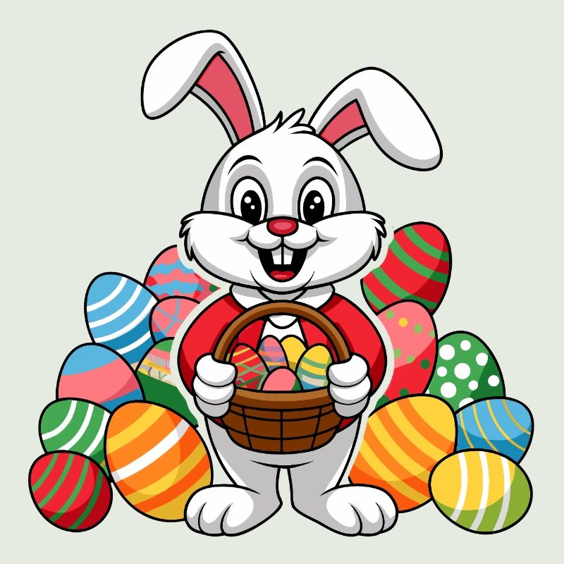 Funny Easter bunny with lots of colorful Easter eggs