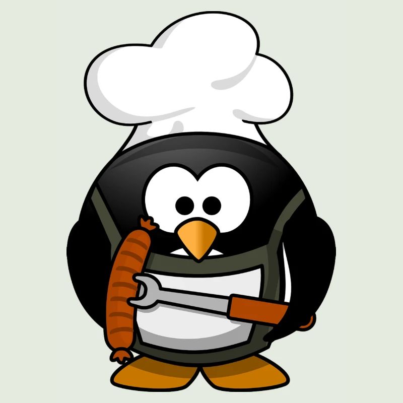Kochender Pinguin mit Bratwurst. Geschenkidee