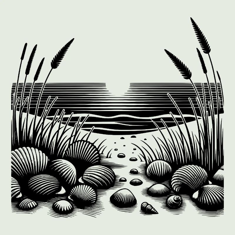 Sunset on the beach with tropical seashells