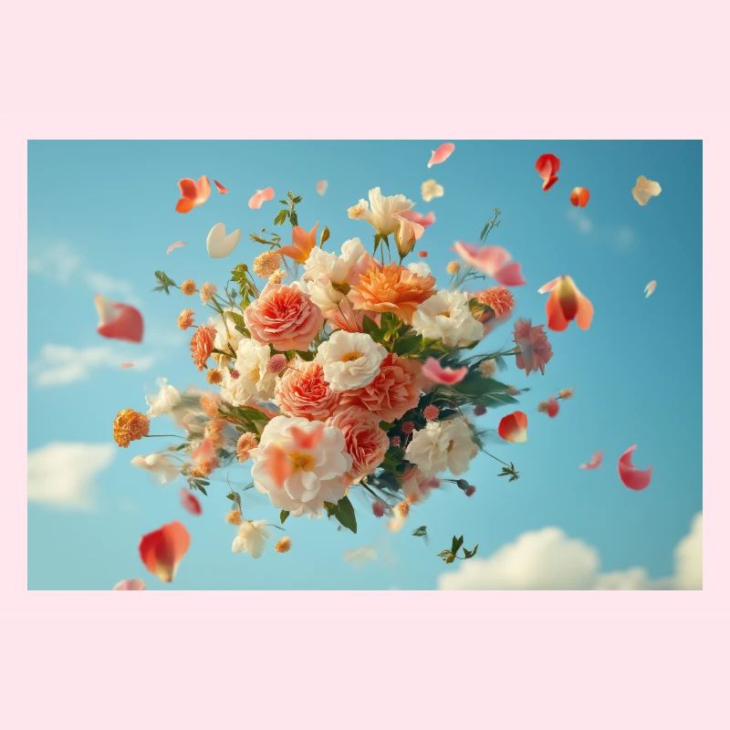 Panier de fleurs flottant dans le ciel nuageux