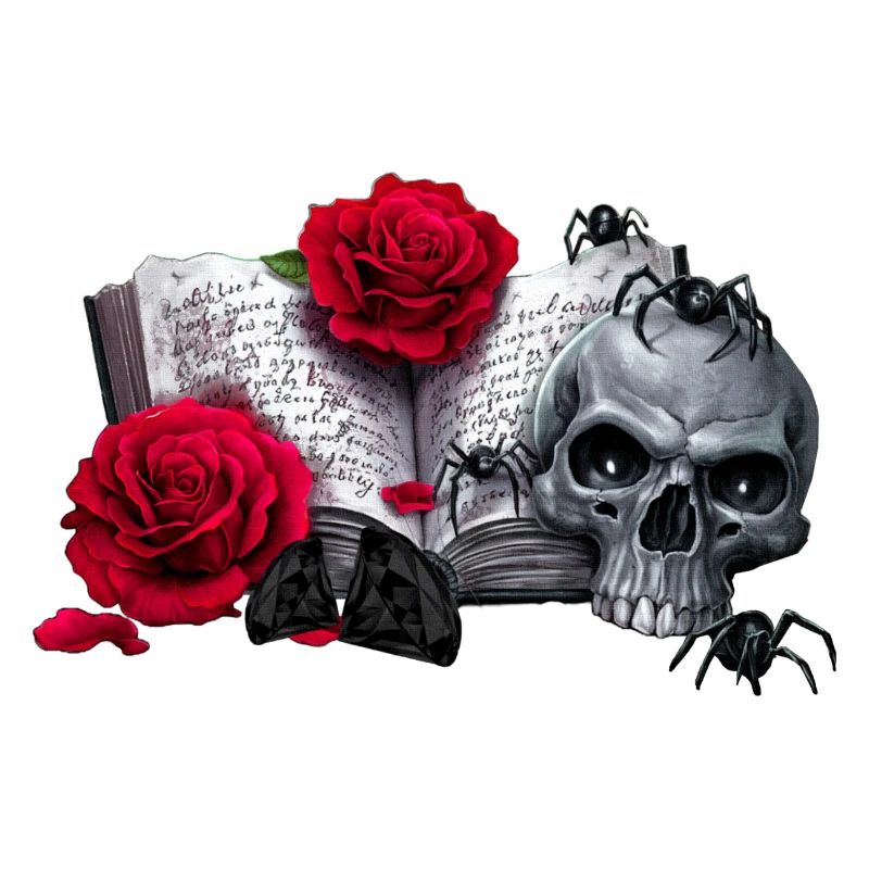 Gothic-Buch mit Rosenblüten, Menschenschädel
