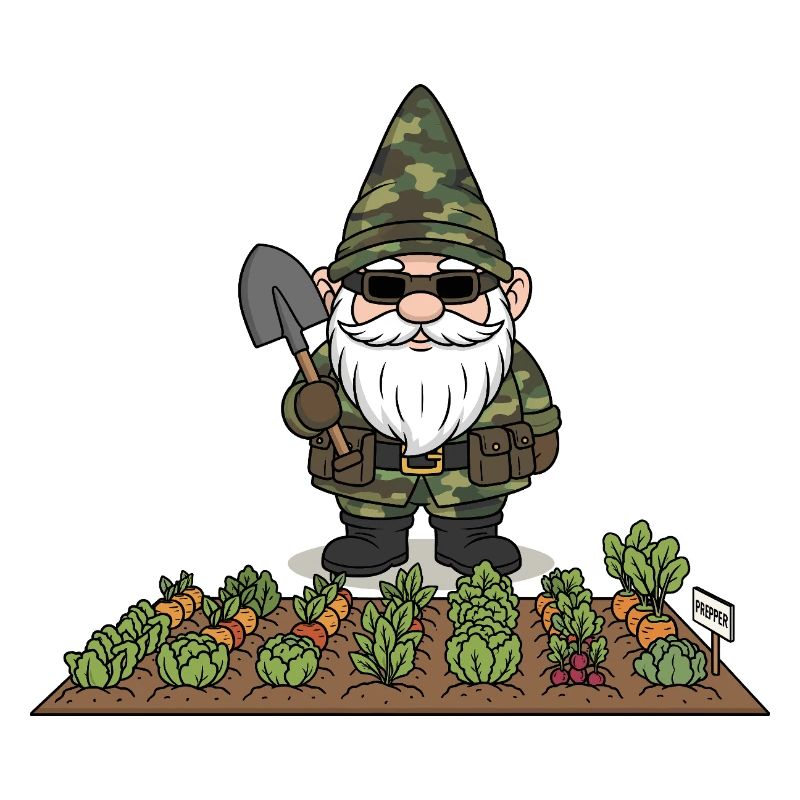 Prepper gnome in the vegetable patch