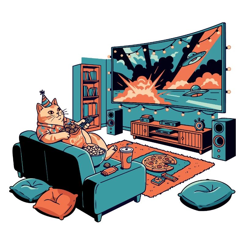 Dicke Sofakatze Chips TV Kino Abend Katze Motiv
